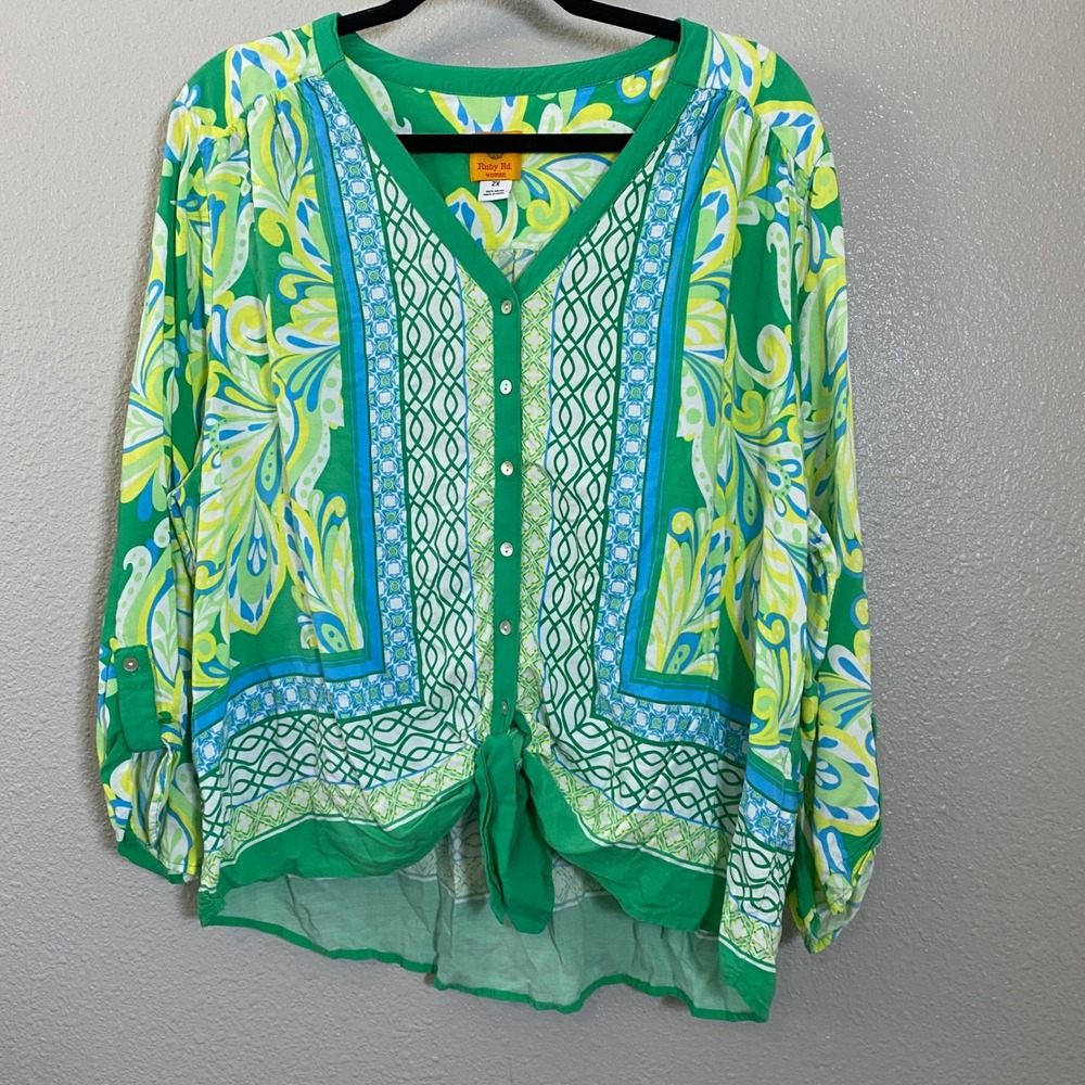 Green Paisley Blouse 2X Bohemian Boho Chic Hippie Coastal Summer Vacation Cruise